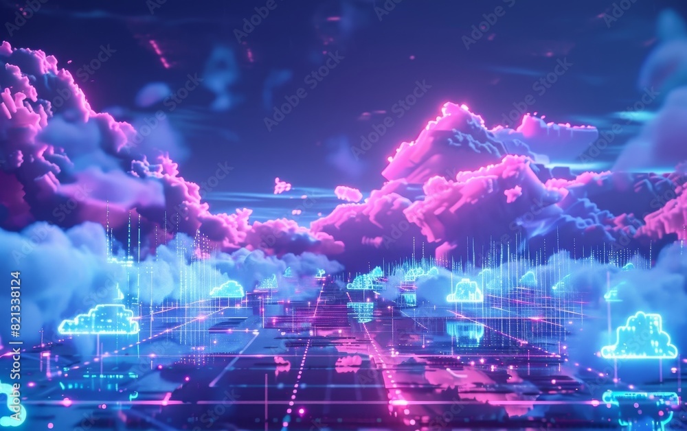 Poster Futuristic digital cloud computing concept with neon clouds and data transmission. Abstract technology visualization with glowing pink and blue clouds.