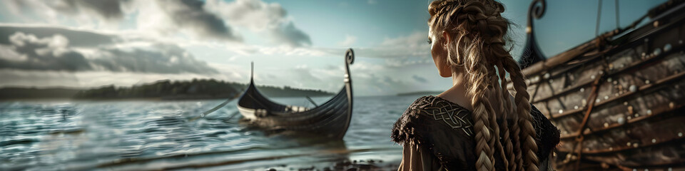 Female Viking Warrior Disembarking from a Long Ship