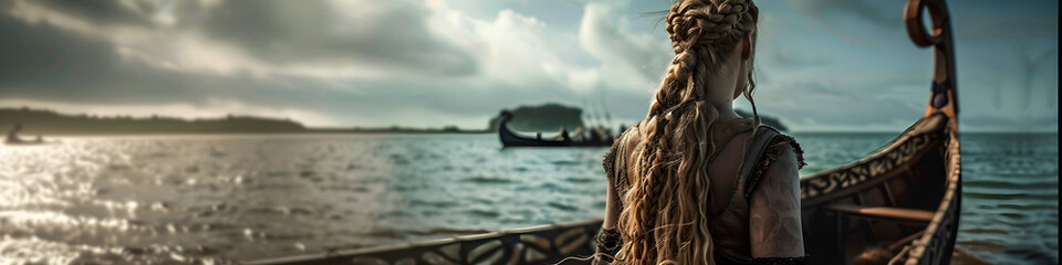 Obraz premium Female Viking Warrior Disembarking from a Long Ship