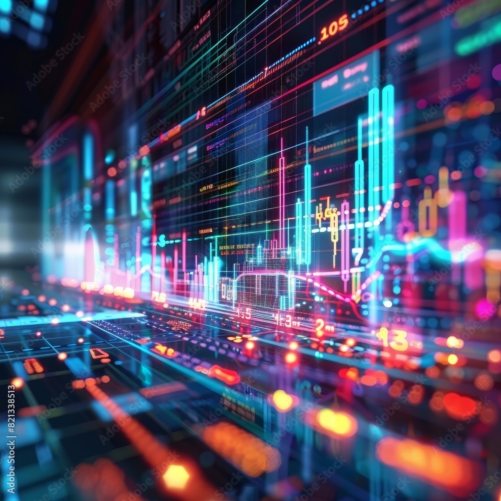 Aufkleber Futuristic digital interface with colorful graphs and data visualizations, representing technology and financial analytics.