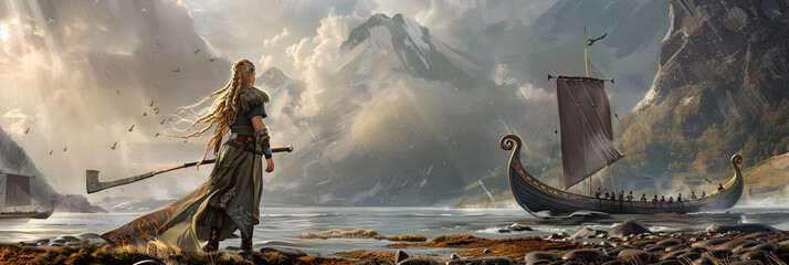 Female Viking Warrior Disembarking from a Long Ship