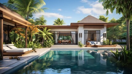 Obraz premium house or building a house Tropical pool villa with green garden and bedroom, both inside and outside