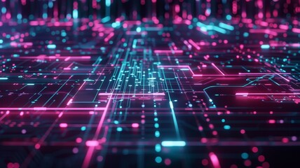 Futuristic digital network interface in neon lights, showcasing advanced technology, data flow, and deep cyberspace in glowing hues.