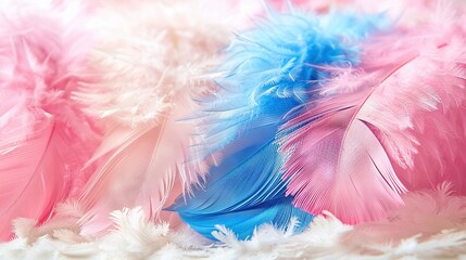   A close-up of pink, blue, and white feathers on white fur-like material