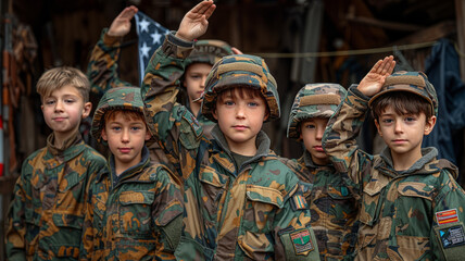 boys stand in a row, in camouflage uniforms like the military,generative ai