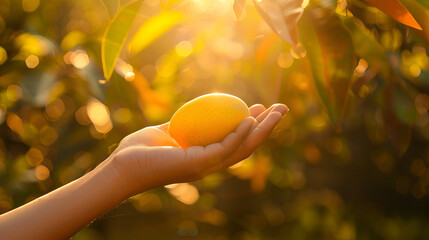 a girl stand in the field of mangoes and one mango she hold in her hand on sunlight background