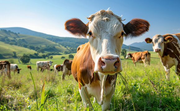 Brown and White Cow Standing on Lush Green Field