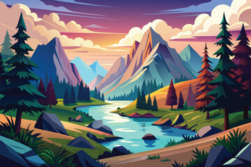 Landscape-with-silhouettes-of-mountains-and-Mountain-river.-Nature-background. ai generated 