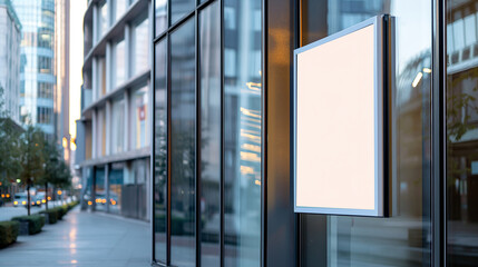 A blank empty canvas poster screen board hanging on a building at a the city center.