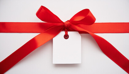 A blank white tag tied with a lustrous red ribbon on a pristine white background, symbolizing