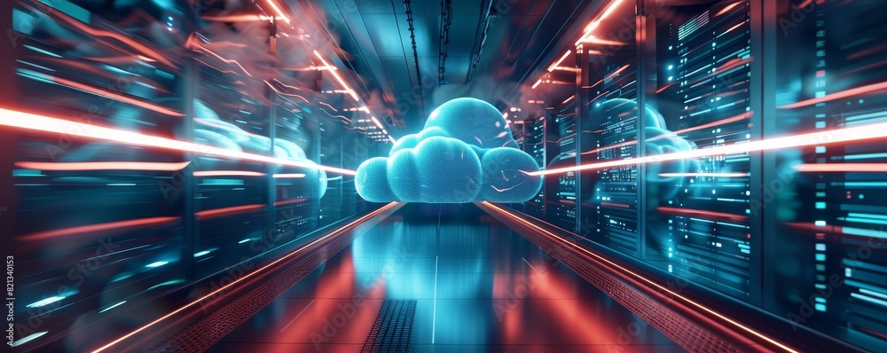 Poster Futuristic server room with glowing cloud icon, representing cloud computing, digital storage, and technology advancement in a data center.