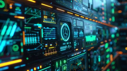 Fototapeta premium Futuristic server room with glowing digital interfaces showcasing data analytics and network activities in vibrant hues.