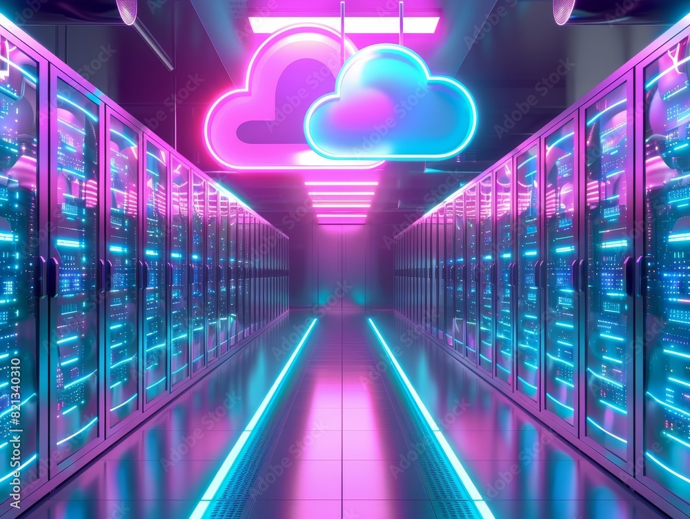 Aufkleber futuristic server room with neon lights and cloud icons, representing modern data storage and cloud 