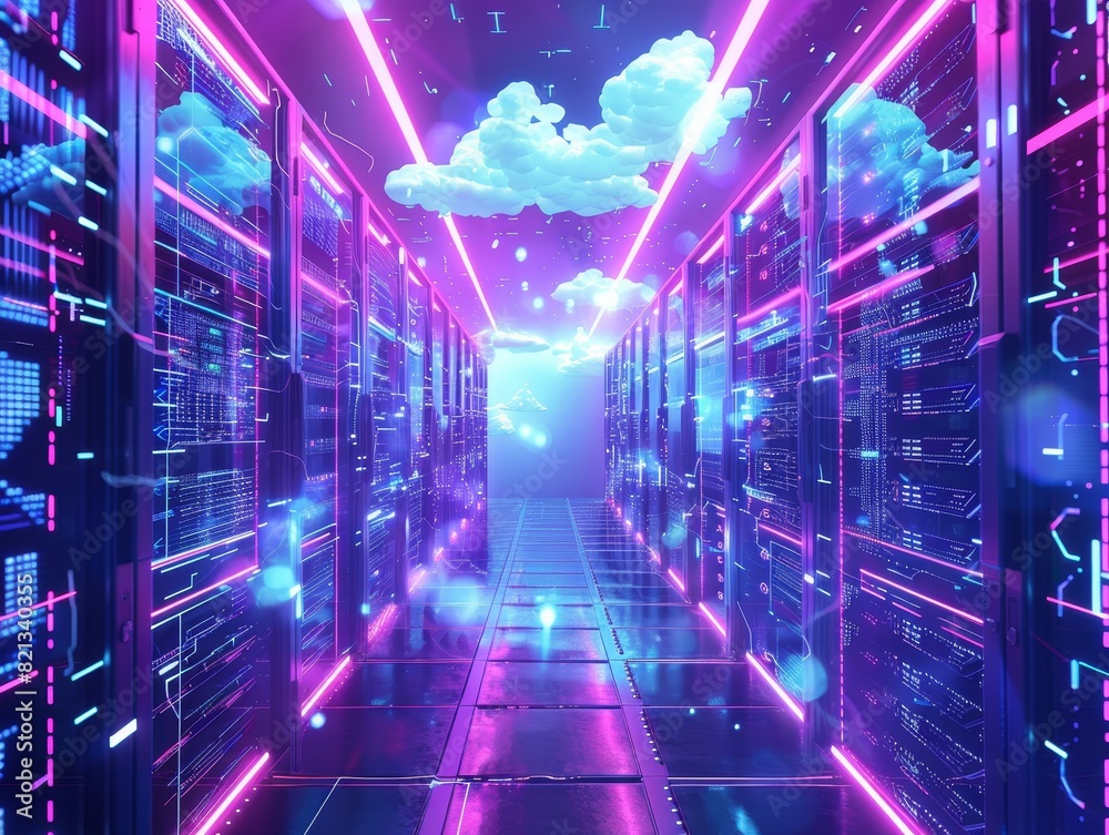 Leinwandbilder futuristic server room with neon lights and digital clouds, representing cloud computing and data st