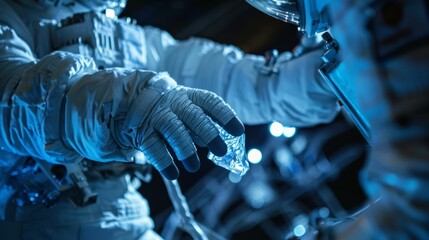 A team of astronauts on a spacewalk using specially designed gloves to handle a delicate magnetic monopole sample.