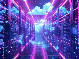 Futuristic server room with neon lights and digital clouds, representing cloud computing and data storage in a modern data center.
