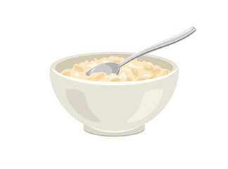 Oatmeal porridge in white bowl with spoon. Vector cartoon flat illustration of healthy food.
