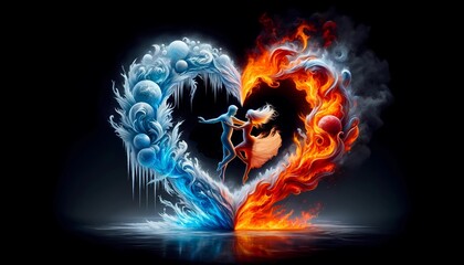 A heart engulfed in flames with a menacing demon perched on top, symbolizing a dark and intense theme.