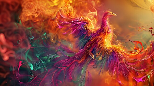 A vibrant 3D image of a mythical creature, Phoenix, with fire-like features and vibrant colors.