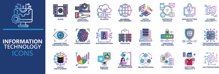 Information Technology icon set. Containing cloud computing, cyber-security, encrypted-data, data analytics, internet, customer-service, network security and more. Solid vector icons collection 