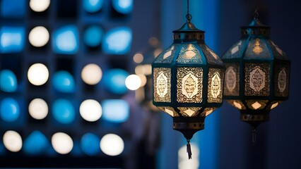 Celebration of islamic eid mubarak and eid al adha lantern in a light background.