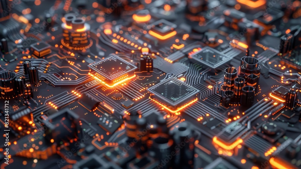Poster High-tech circuit board with glowing elements and intricate microchips, showcasing advanced technology and modern electronic components.