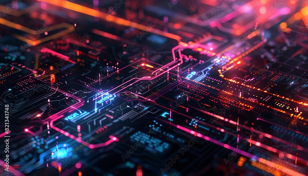 Poster High-tech circuit board with glowing pathways, showcasing intricate electronic components and futuristic technology.