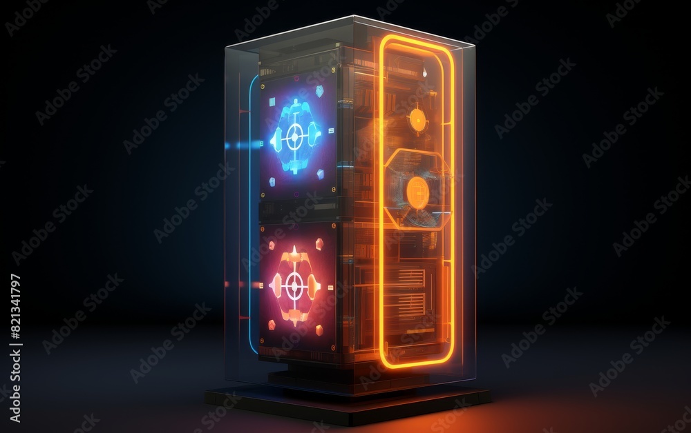 Aufkleber high-tech computer server illuminated with vibrant neon blue and orange lights in a futuristic, dark