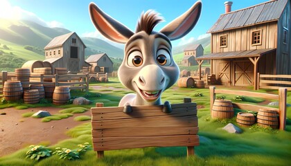 A content donkey holds a wooden sign in front of a farm, showcasing a rural setting with green fields and a barn in the background. The donkey seems cheerful in its surroundings.