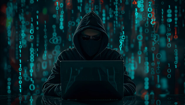 Anonymous hacker working with laptop on black background. Different digital codes around him
