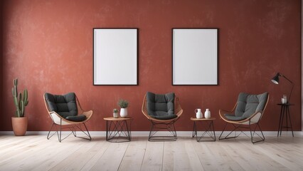 modern living room design with Industrial Chairs, and blank poster on red clay wall background