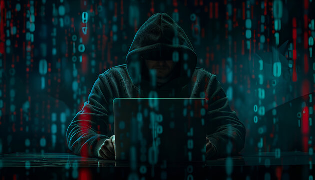 Anonymous hacker working with laptop on black background. Different digital codes around him