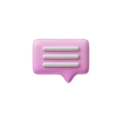 3D glossy pink speech bubble with white text lines, vector volume rectangle text bubble, chat message dialogue icon