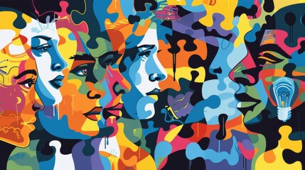 Colorful puzzle pieces form a human face with diverse people in the sky, representing community, collaboration, and hope