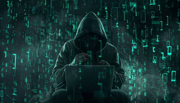 Anonymous hacker working with laptop on black background. Different digital codes around him