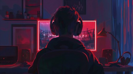 Obraz premium a young gamer wearing headphones sits in front of a computer