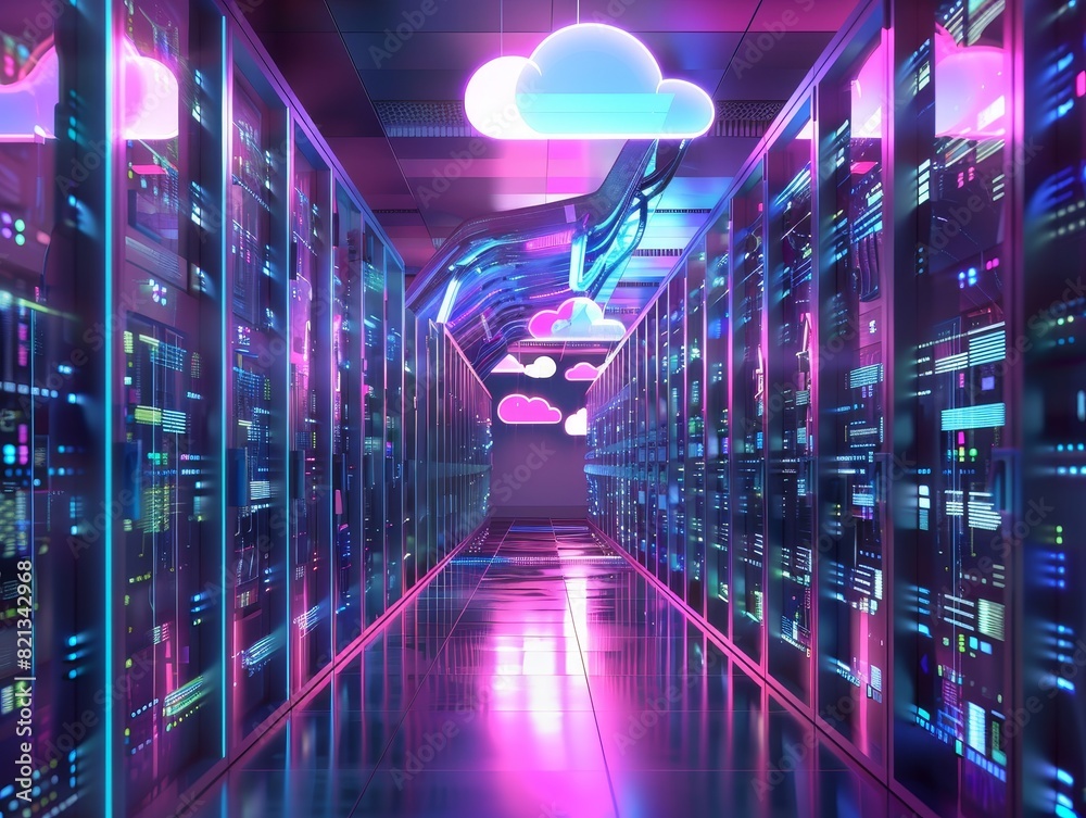 Aufkleber modern data center with neon lights, server racks, and cloud icons, representing cloud computing, da