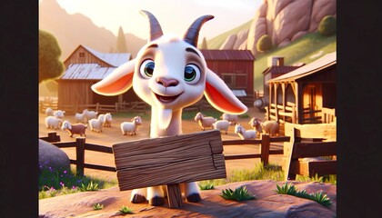 A cartoon goat stands in a farmyard, holding a wooden sign. The goat looks cheerful with big round eyes, surrounded by a typical rural scene.