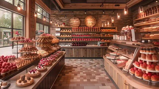 This bakery showcasing a wide array of pastries, from croissants to tarts, neatly arranged for customers.