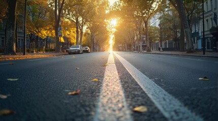 Car Driving Down Street Next to Tall Buildings