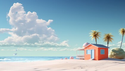 Scenic beach landscape with a vibrant orange beach hut, palm trees, blue sky, and serene ocean. Perfect tropical vacation destination.