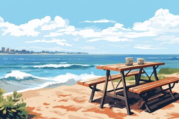 Fototapeta premium Scenic coastal picnic spot with wooden tables overlooking a sandy beach and blue ocean waves under a bright sky with clouds.