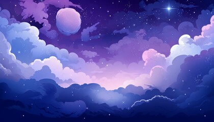Stunning night sky illustration featuring celestial clouds, a full moon, and star-filled heavens with a dreamy atmosphere.