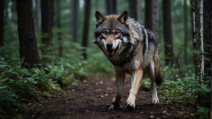 Angry and fierce wolf flashing fangs in the forest