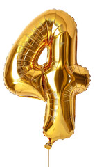 Obraz premium Gold balloon in the shape of number 4 floating on a transparent background. PNG ready for input