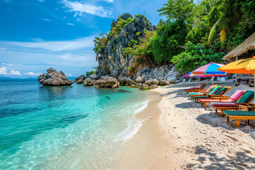 A serene tropical beach with fine white sand and clear blue waters, with colorful beach chairs and umbrellas, and a rocky outcrop in the background - Powered by Adobe