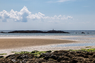 Looking out over the ocean at Bigbury-on-sea on the Devon coast, with a blue sky overhead