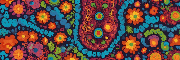 Fototapeta premium Colorful and imaginative depiction of peacock feathers and floral designs, combining nature and fantasy in an artistic pattern