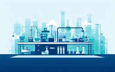 Vector illustration of a modern science laboratory with various chemical apparatus and equipment, featuring test tubes, beakers, and flasks.