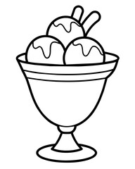 Outline drawing of ice cream in a vase, on a white background, ready for coloring